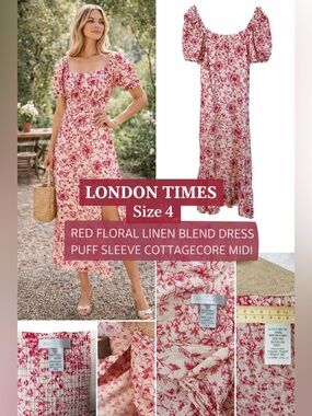 London Times Red Floral Linen Blend Dress Puff Sleeve Cottagecore Midi Size 4